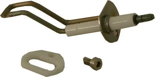 Zündeletrode mit Dichtung, besteht aus Metall und Keramik, geeignet für Heizgeräte der Marke Wolf bis BJ 05/01. Zubehörteile umfassen eine Halterung und eine Schraube.